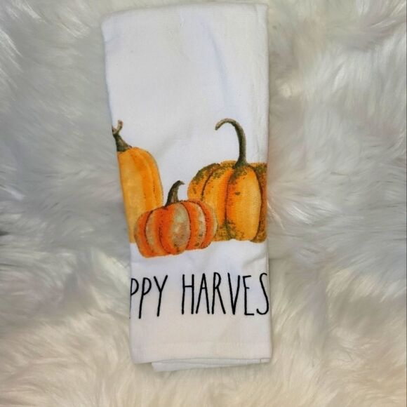 Rae Dunn Happy Harvest Kitchen towels set of 2 orange pumpkins 16in x 26in - Picture 4 of 11
